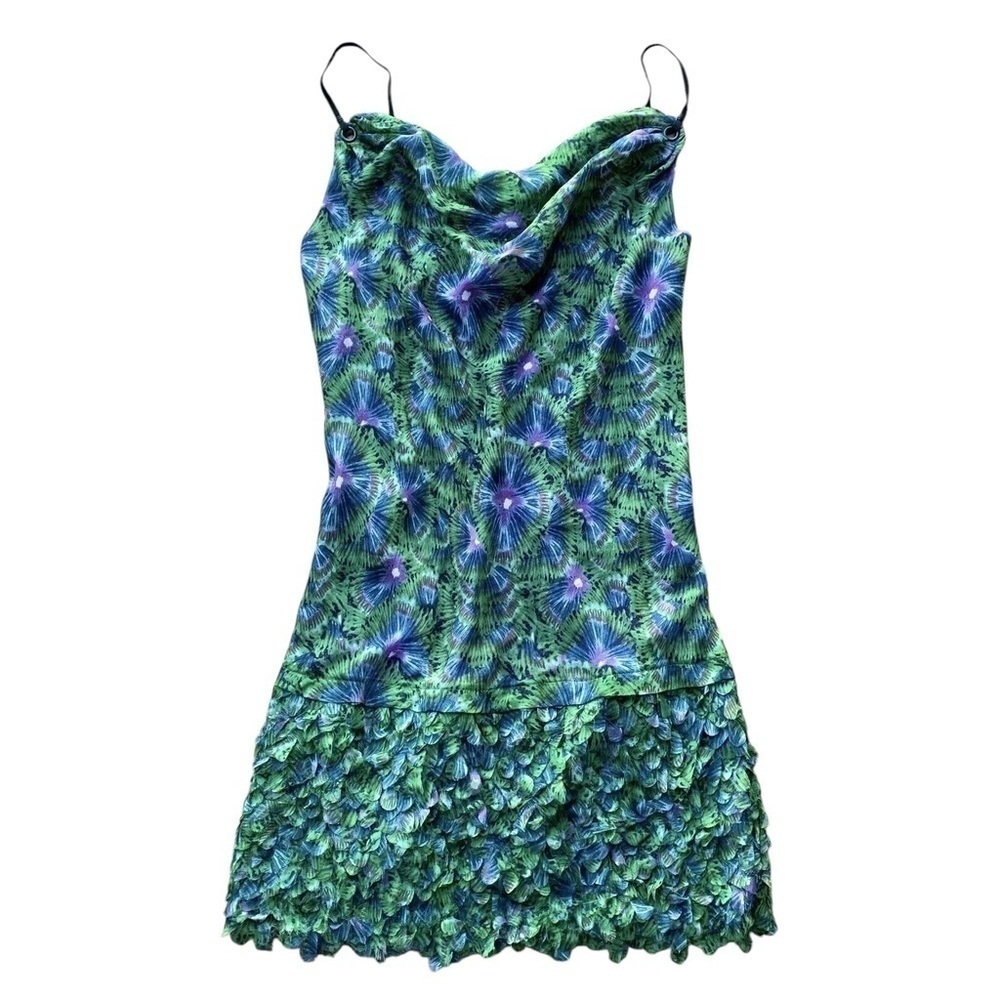 Catherine Malandrino Silk Draped Neck Scalloped Textured Mini Dress Green Size 6